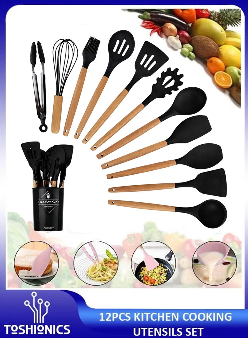 توشيونيكس 12 قطعة سيليكون الطبخ أواني المطبخ مجموعة مقاومة للحرارة غير سامة خالية من BPA مقابض خشبية أدوات مجموعة أدوات لأدوات الطهي غير لاصقة - Image 1